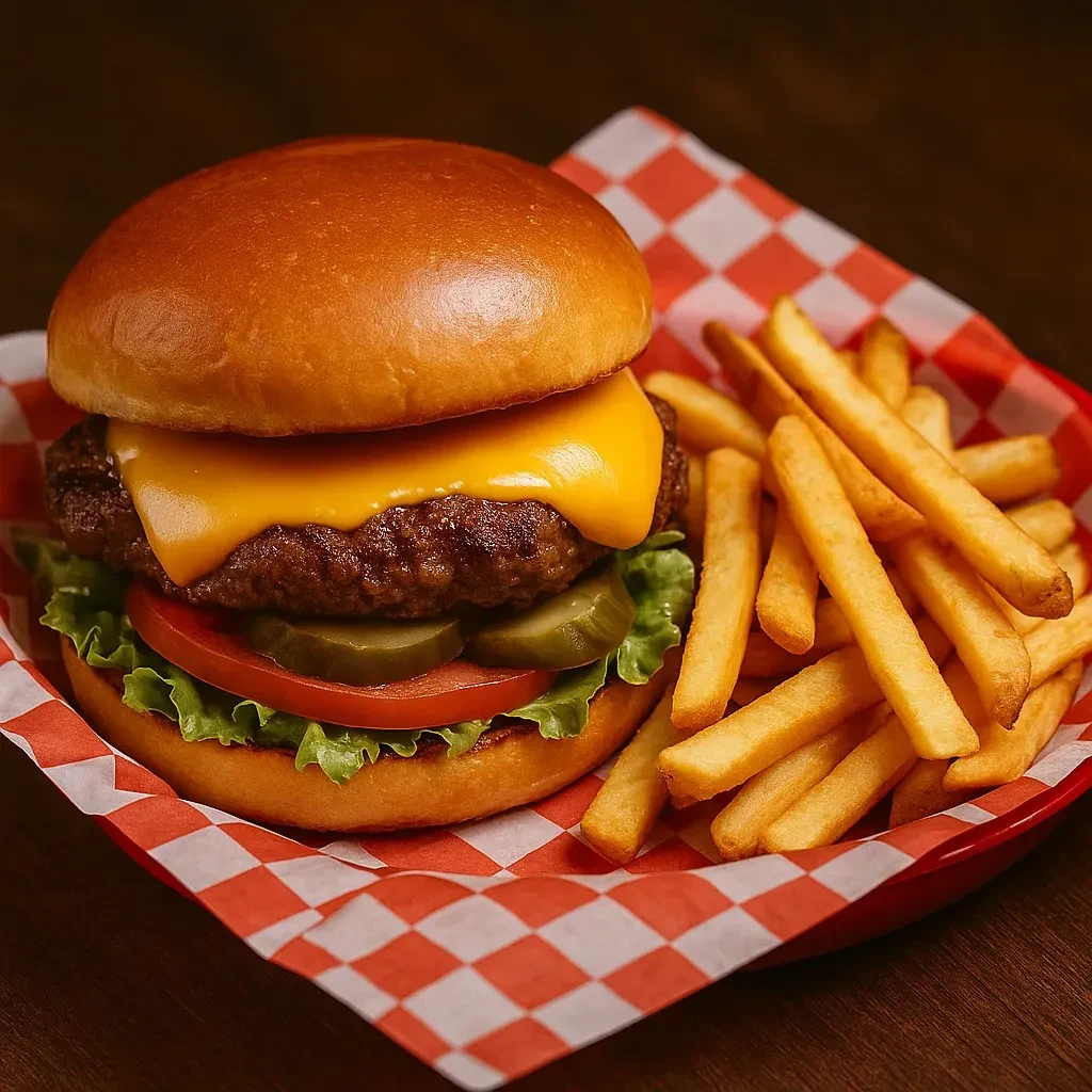 A cheeseburger and crispy french fries in a red basket.
