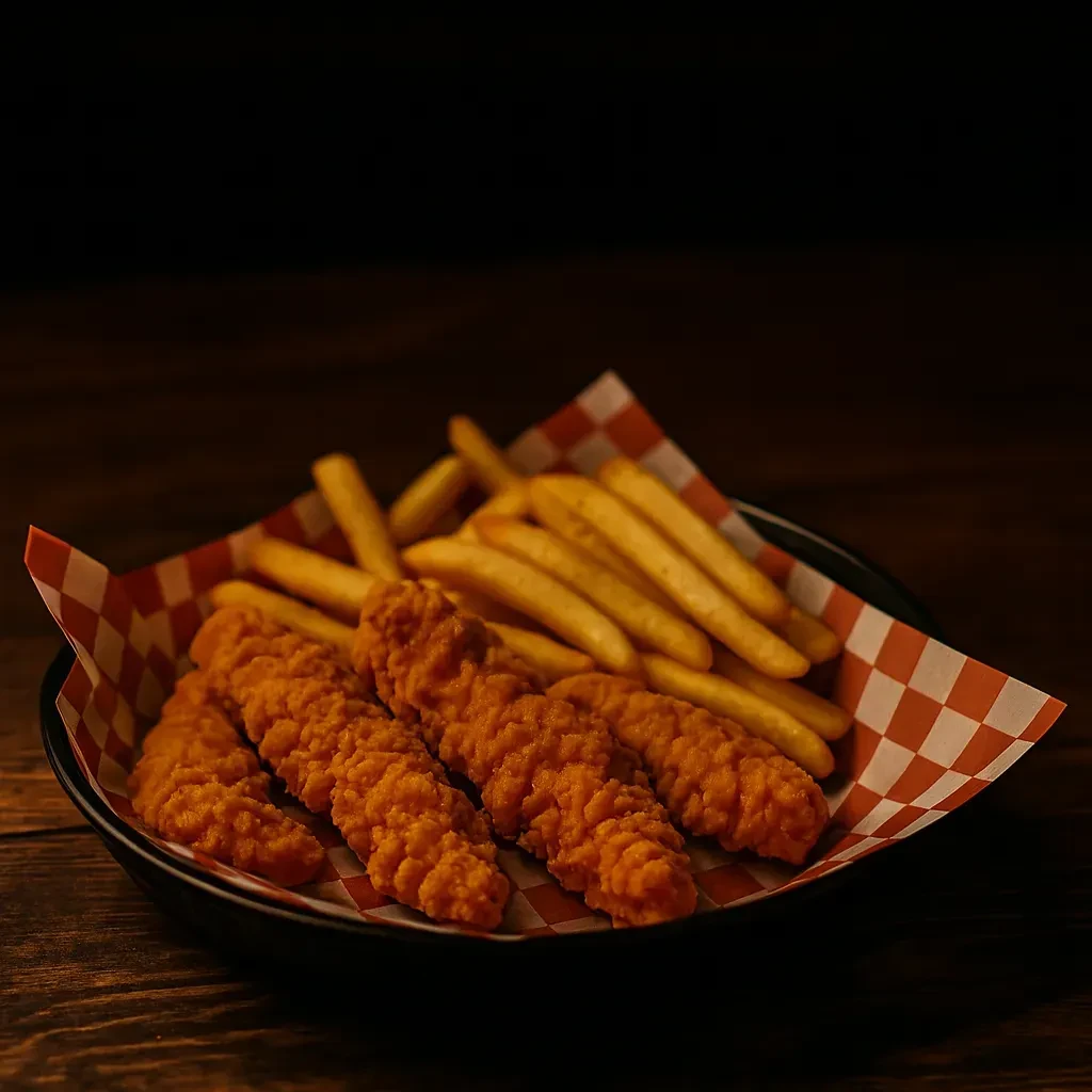Golden, crispy chicken tenders and fries in a checkered basket.