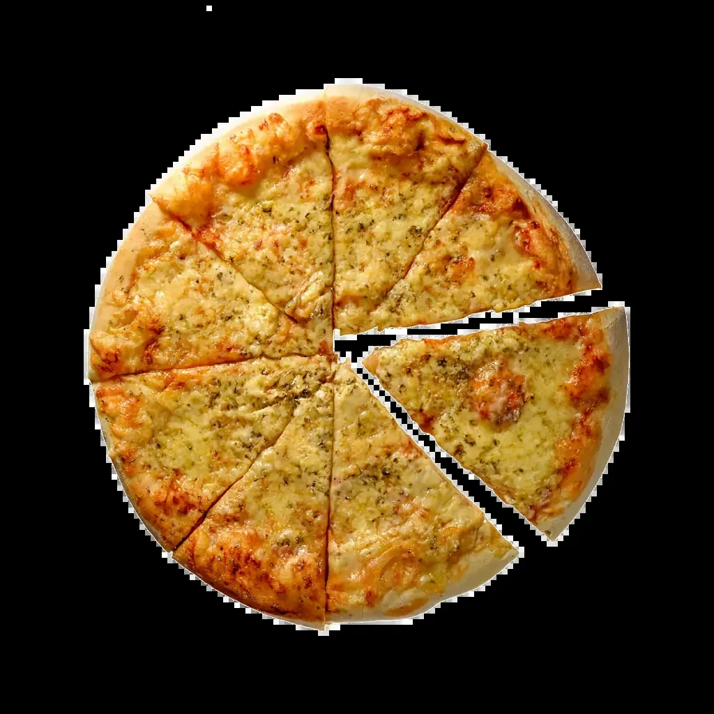Bubbly cheese pizza with herbs, sliced, one piece separated.