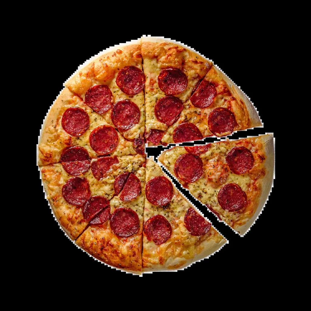 Sliced pepperoni pizza with melted cheese, herbs, and golden crust.