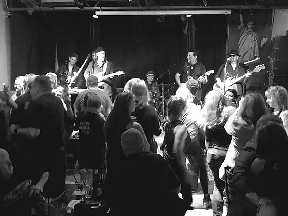 Black and white concert photo: band performs to a large dancing crowd.