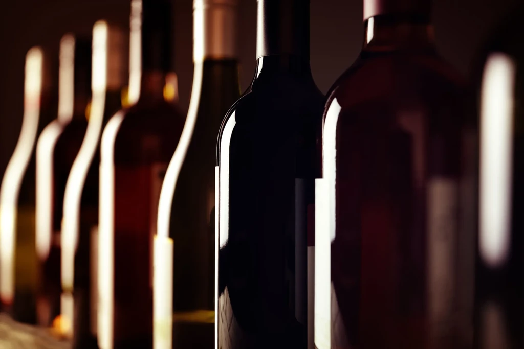 A row of dark wine bottles, some in focus, dramatically lit.