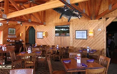 Rustic restaurant dining room with wood interior and taxidermied bird.