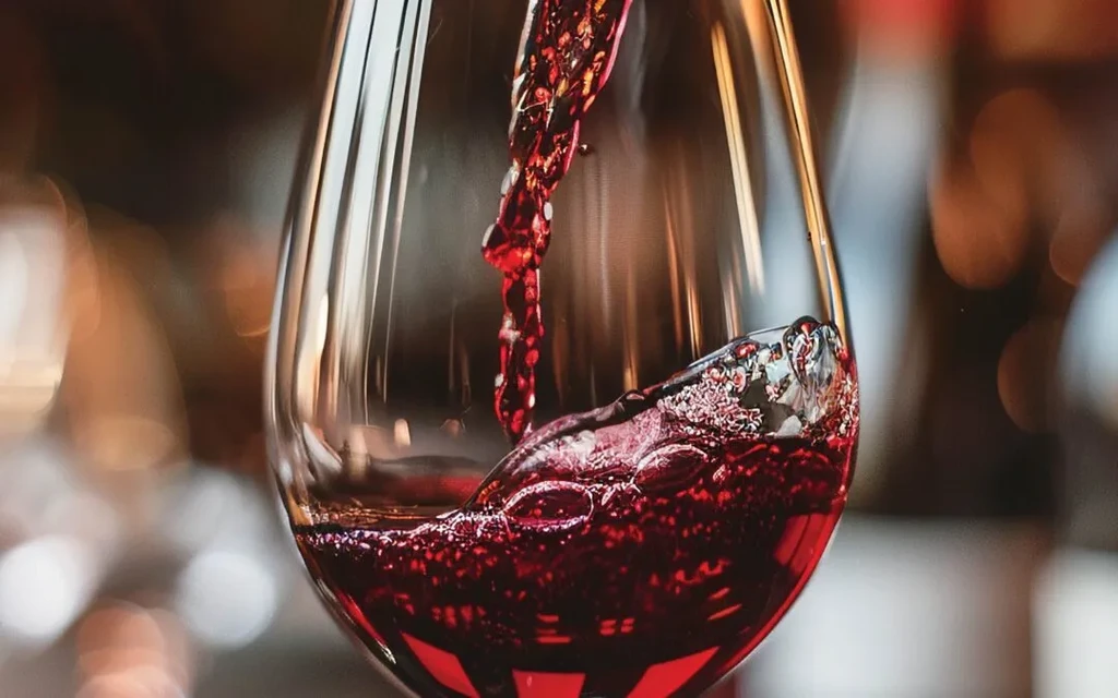 Dynamic shot of red wine splashing into a clear glass.