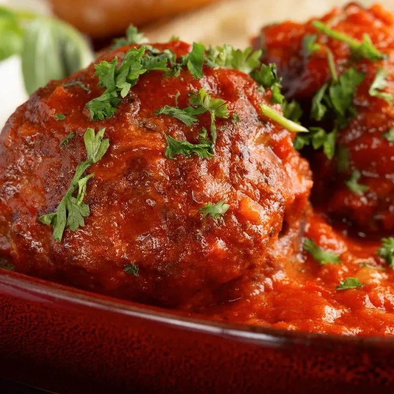 Meatballs in red tomato sauce, garnished with green parsley.