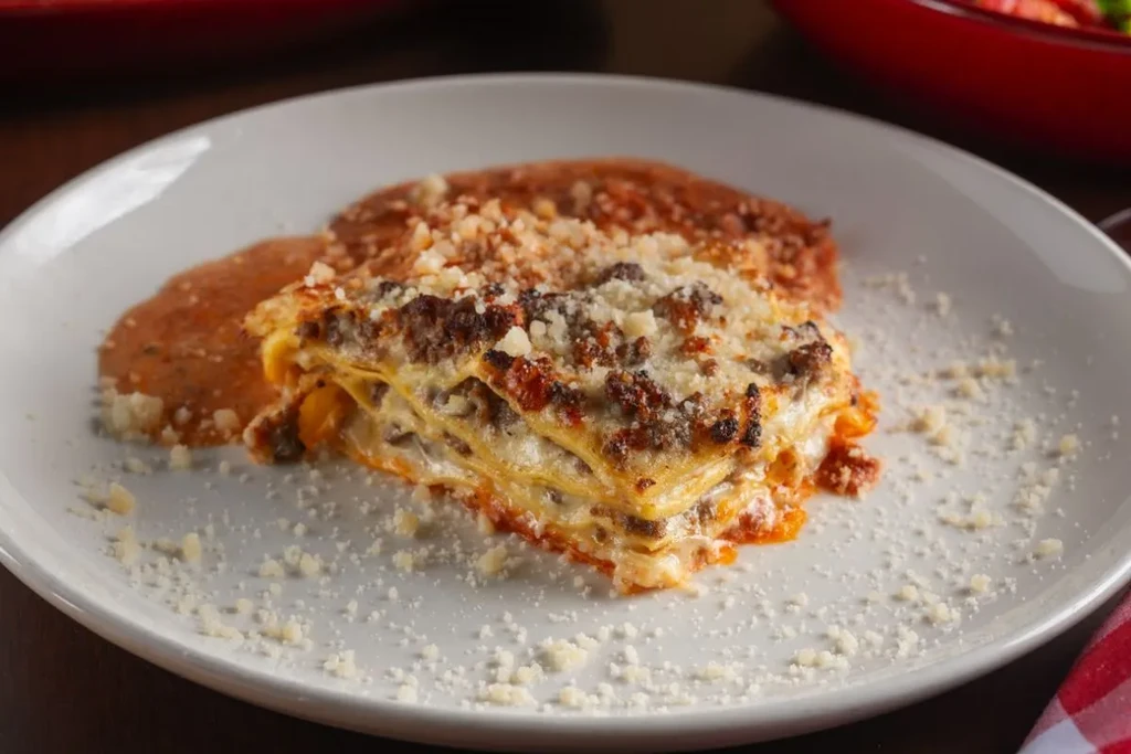 Slice of layered lasagna with meat sauce, cheese, and browned top.