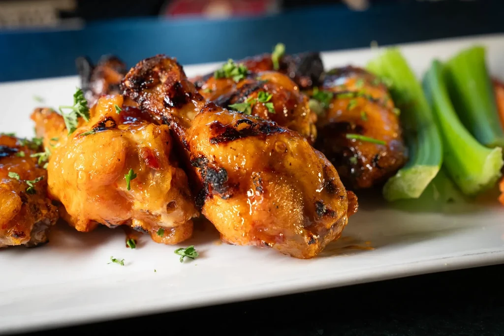 Glossy, golden-brown chicken wings garnished with herbs and celery.