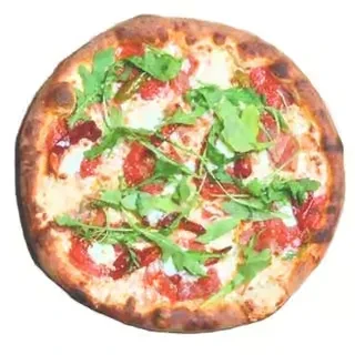 Pizza with golden crust, melted cheese, red sauce, and arugula.