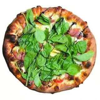 Flat lay pizza with greens, prosciutto, balsamic glaze, melted cheese.