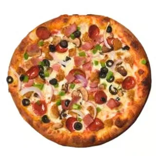 Top-down view of a round pizza with many toppings on white.