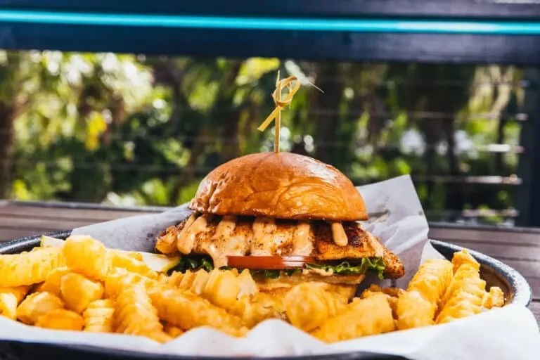 Grilled chicken burger and crinkle-cut fries in a basket, outdoors.