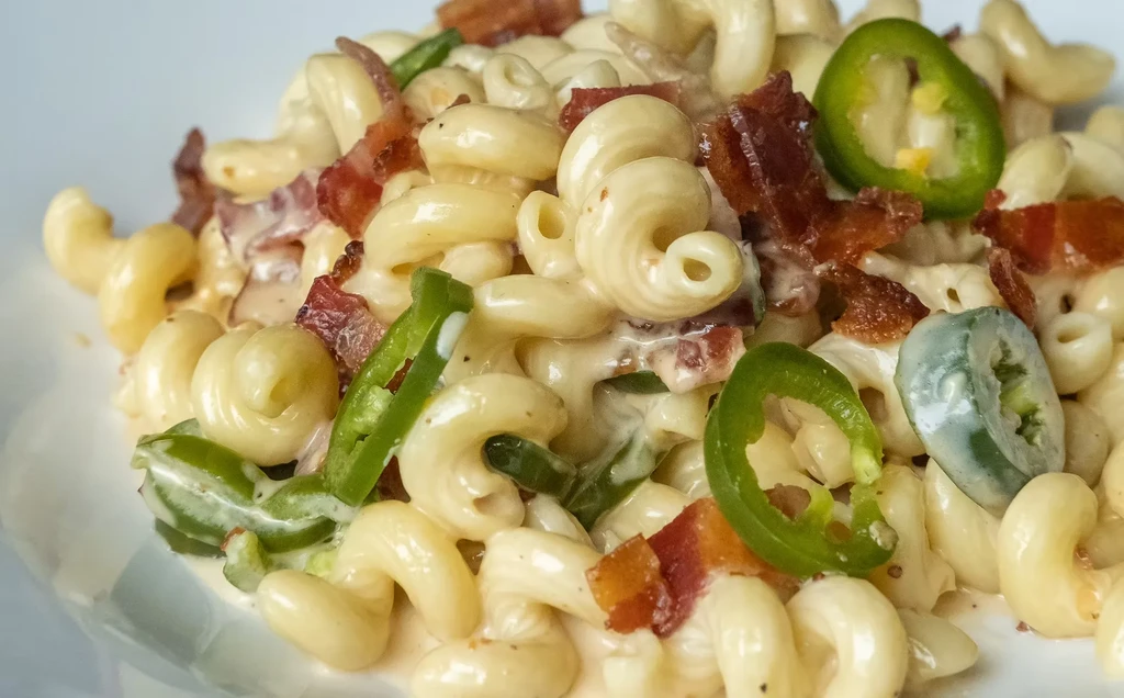 Creamy cavatappi mac and cheese with bacon and jalapeños.