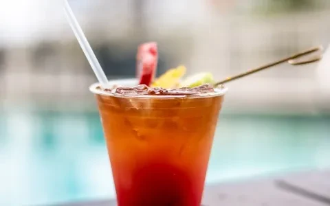 Two-toned drink in a plastic cup with ice and fruit garnish.