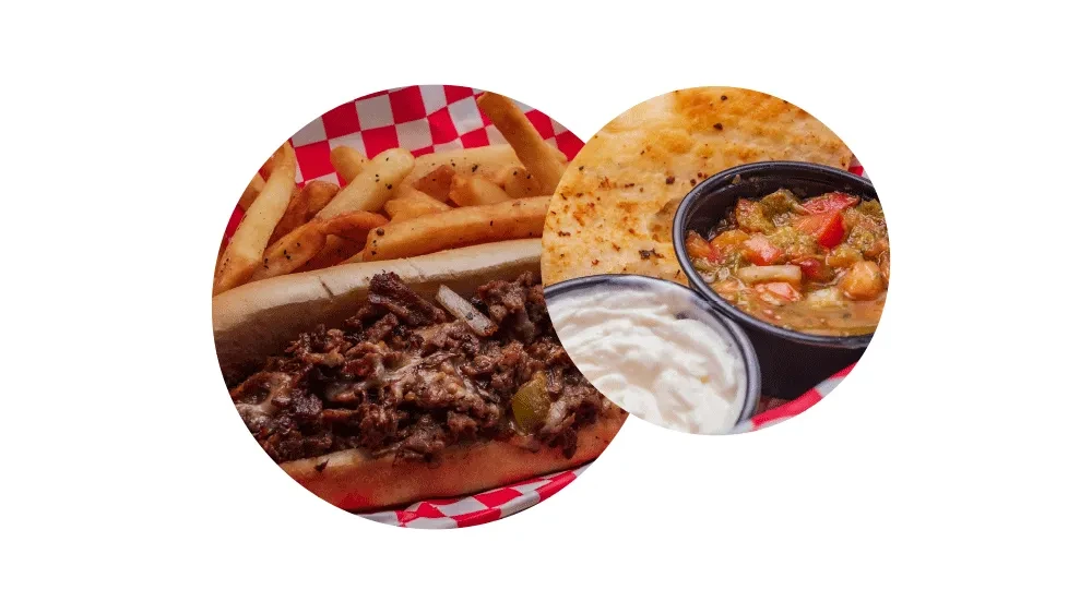 Two overlapping photos show a cheesesteak, fries, dips, and flatbread.