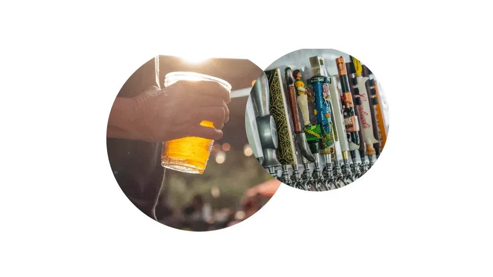 Composite: hand holding beer and unique bar tap handles.