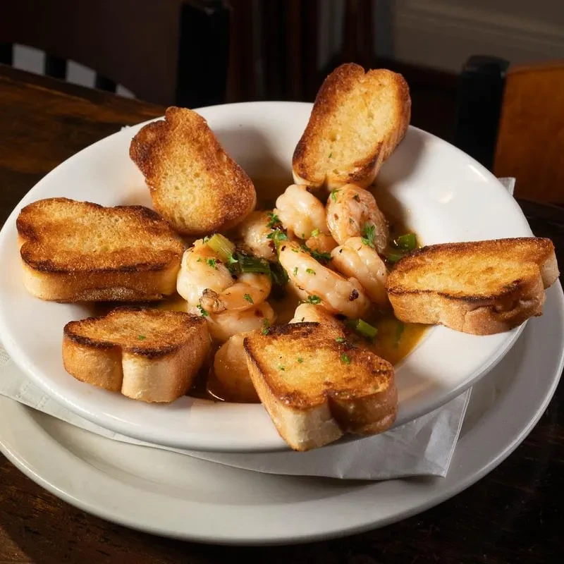Shrimp in rich sauce with golden-brown toasted bread and green herbs.