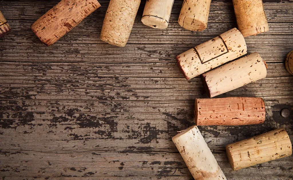 Used wine corks scattered on a distressed wooden surface.