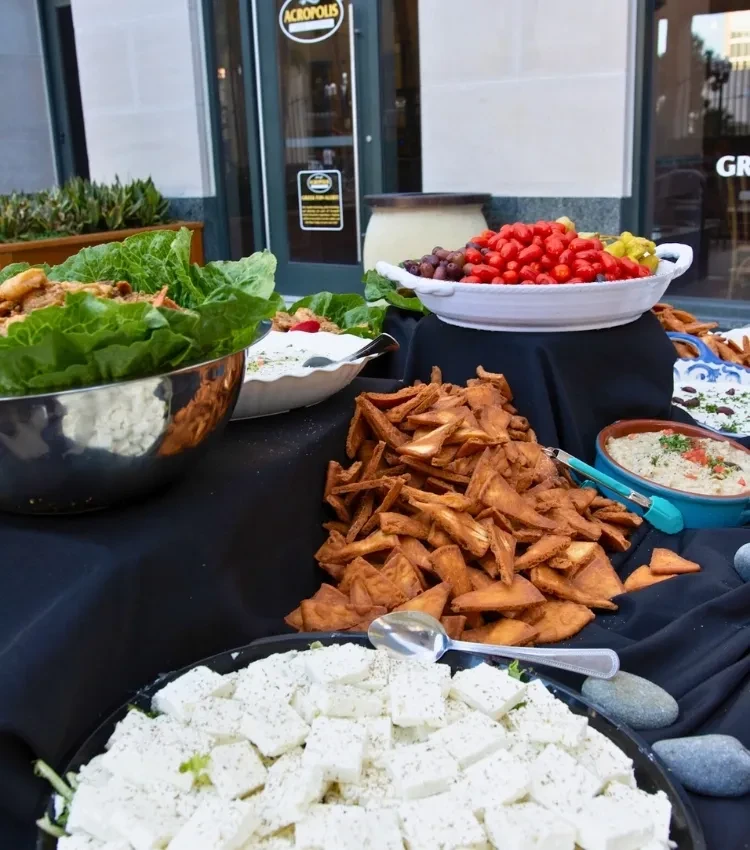 Outdoor Mediterranean buffet with feta, pita chips, salad, and dip.