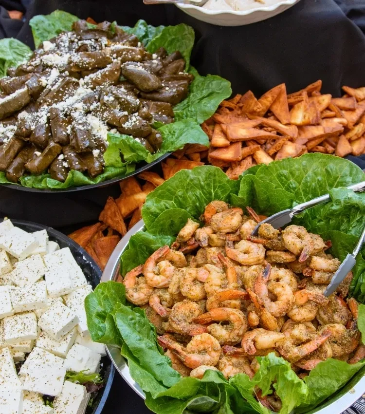 Buffet with dolmades, shrimp, cubed cheese, and pita chips.