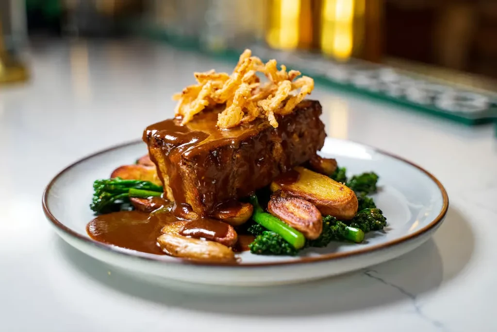 Plated braised meat, gravy, crispy onions, roasted potatoes, and broccoli.