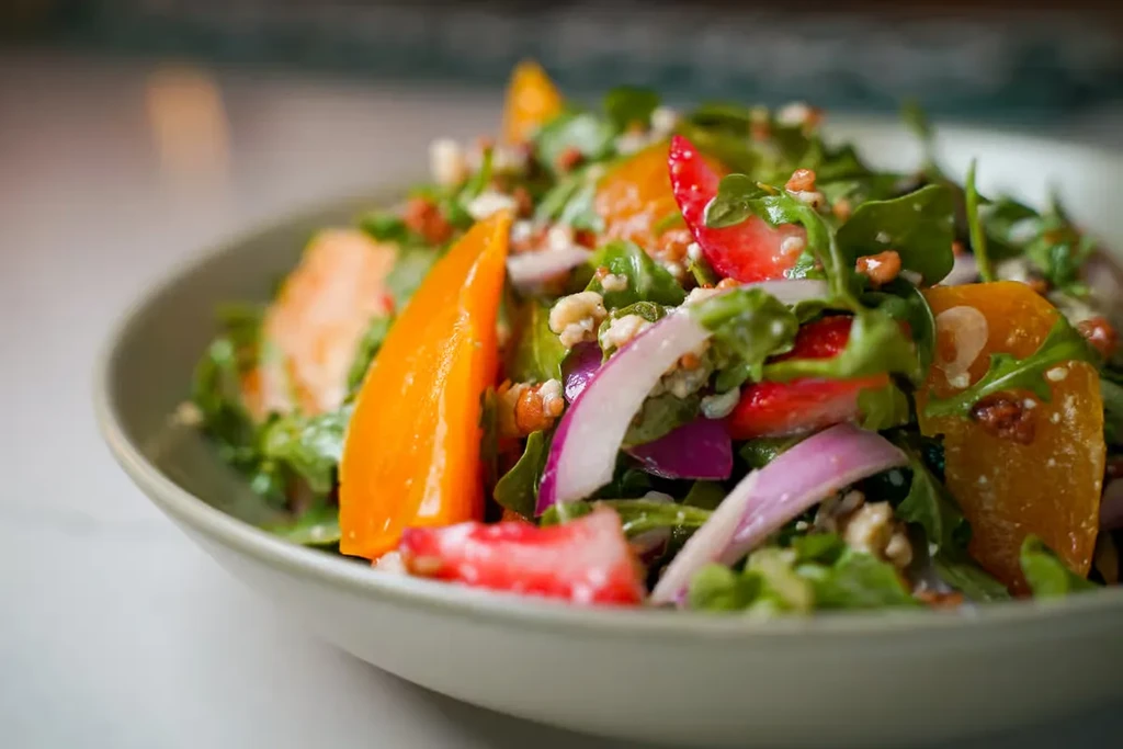 Bowl of salad with greens, orange fruit, strawberries, cheese, nuts.