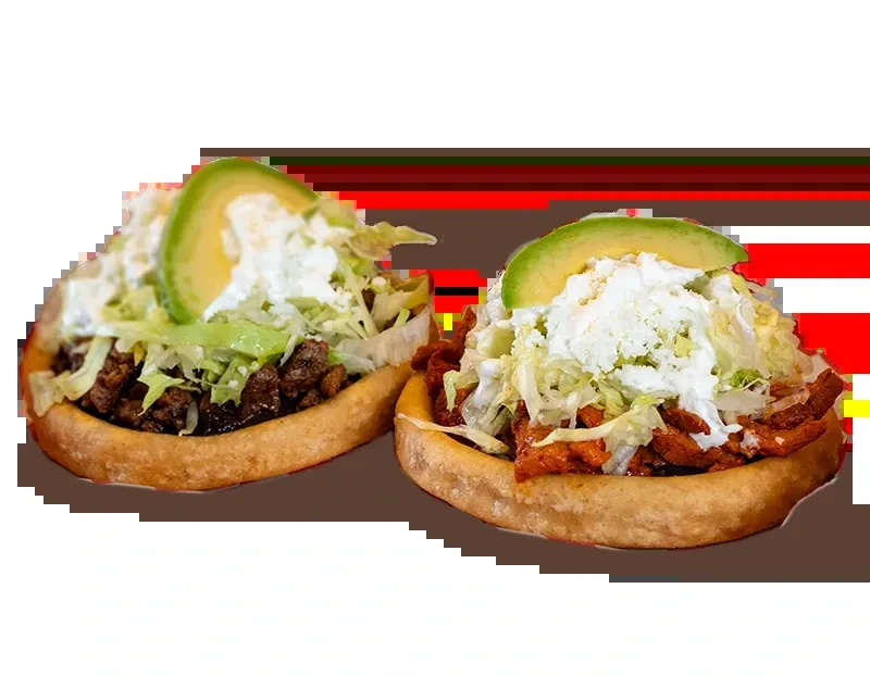 Two distinct Mexican sopes with dark and reddish meat toppings.