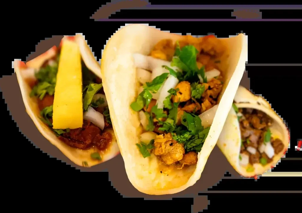 Three soft corn tacos with meat, onions, cilantro, and pineapple.
