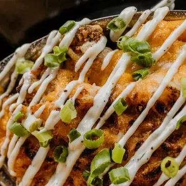High-angle view of cheesy loaded fries with white sauce and green onions.