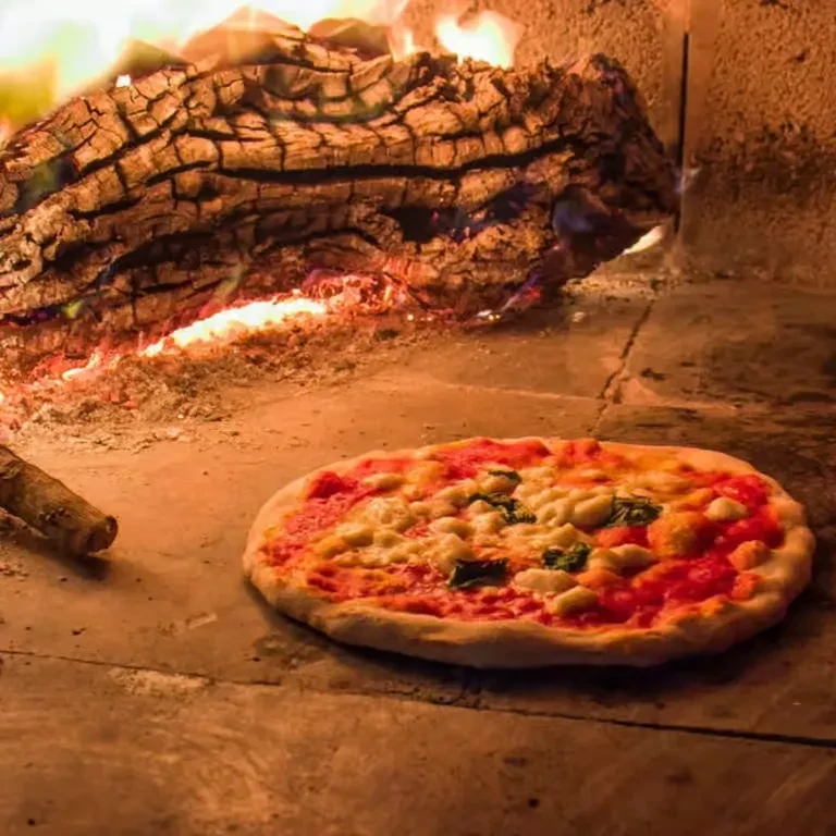 Margherita pizza baking in a wood-fired oven with glowing logs.