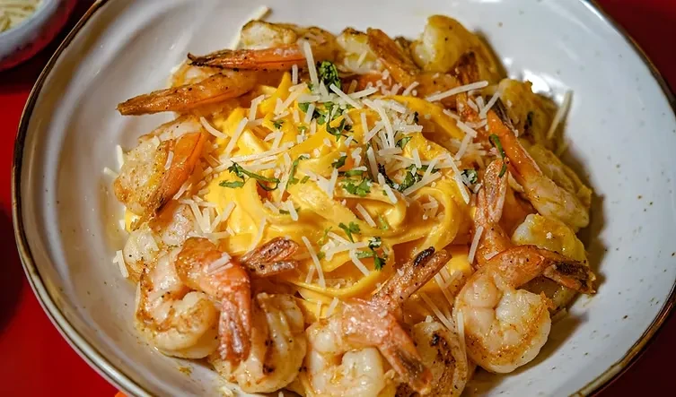 Creamy orange pasta with shrimp, garnished with cheese and herbs.