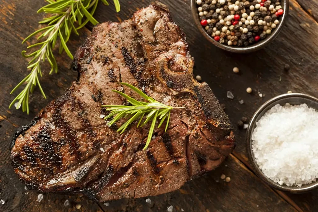 Grilled T-bone steak with rosemary, peppercorns, and coarse salt on wood.