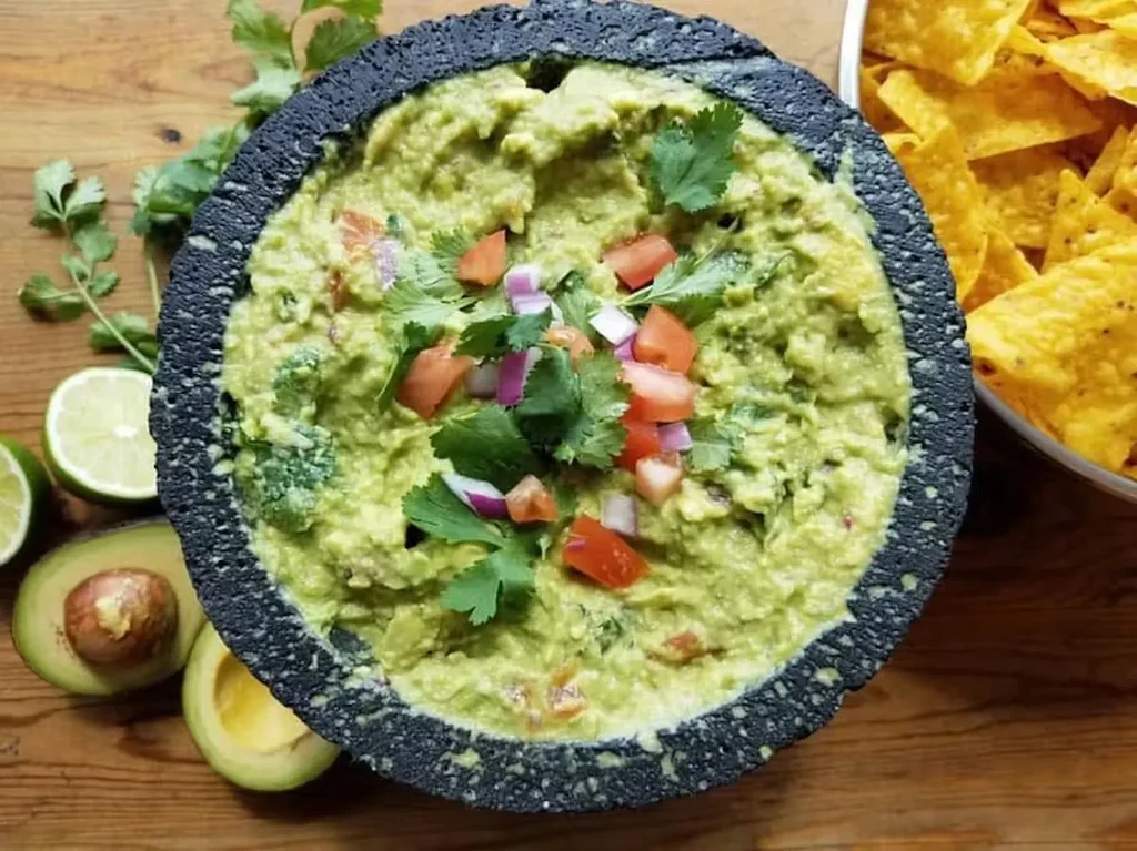 Chunky guacamole in molcajete, garnished, with limes, avocado, chips.