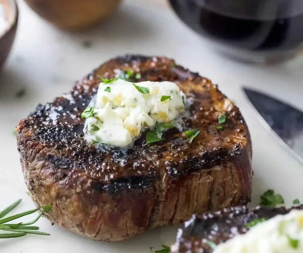 Close-up of seared steak topped with melting herb butter and rosemary.