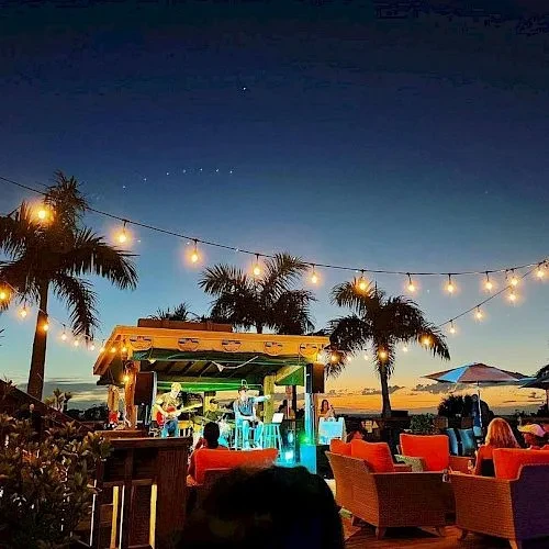 Outdoor tropical restaurant: live band, string lights, and sunset sky.