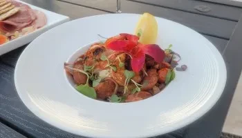 Plated dish of roasted potatoes, meat, microgreens, and lemon outdoors.