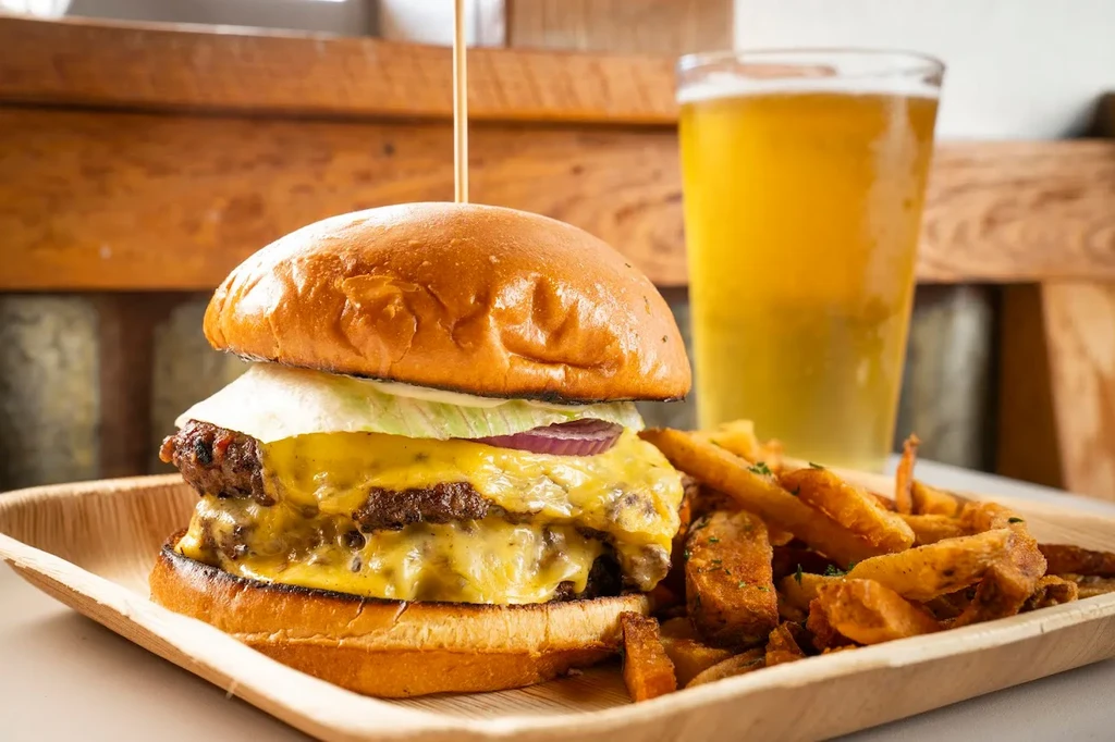 Double cheeseburger, french fries, and beer on a rustic wooden tray.