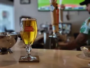 Pilsner glass of Stella Artois lager on a bar counter.
