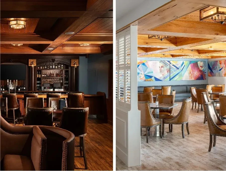 Interior diptych of a classic dark bar and a modern bright dining room.