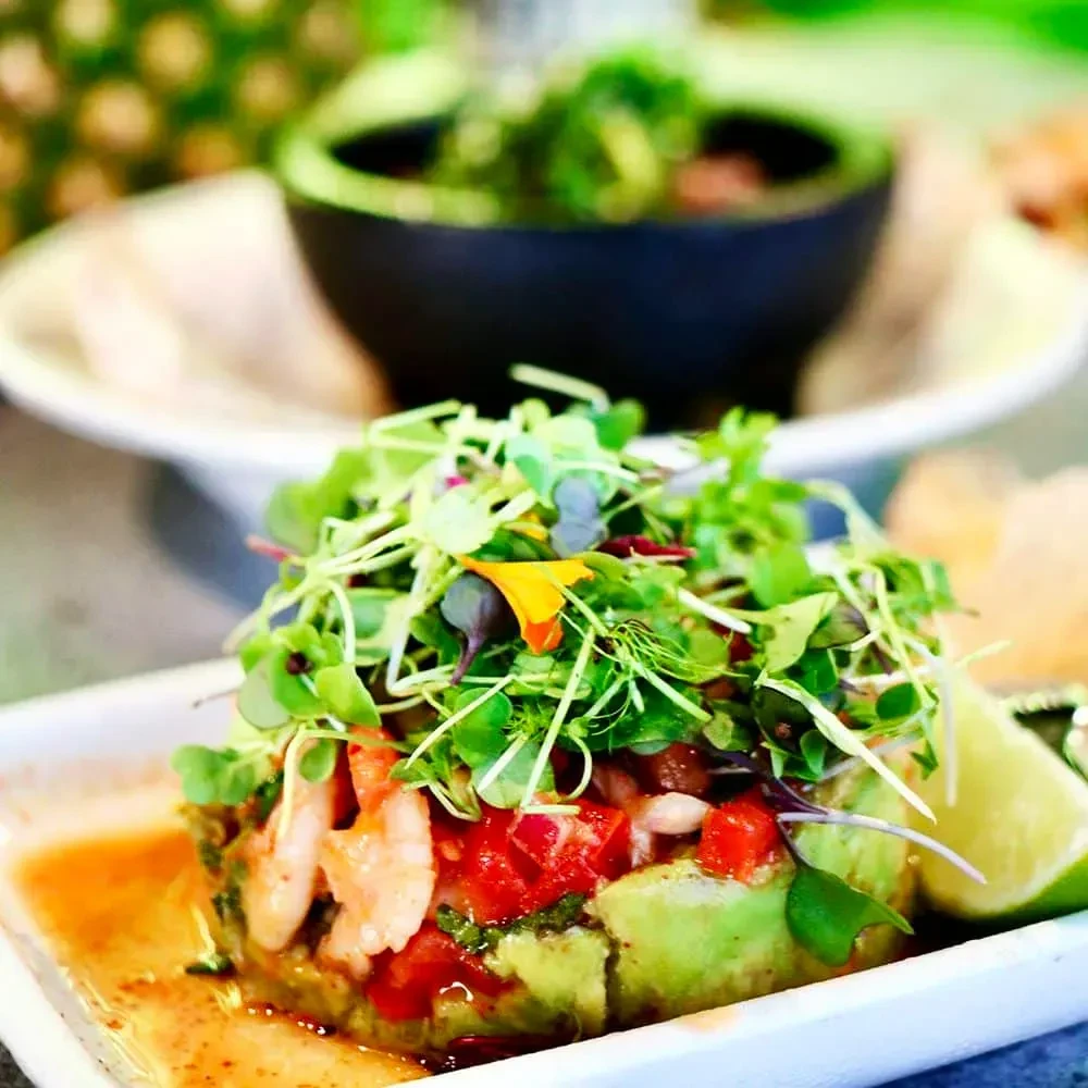 Plated shrimp, avocado, tomato salad with microgreens and lime.