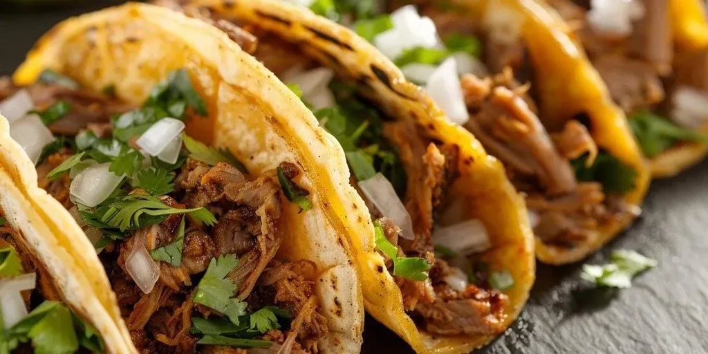 Row of meat tacos topped with white onions and green cilantro.