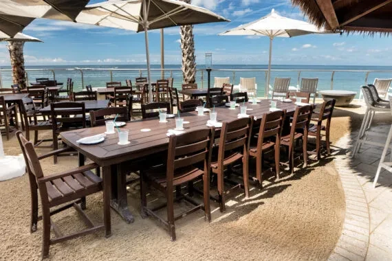 Outdoor oceanside dining area with tables, umbrellas, and a palm tree.