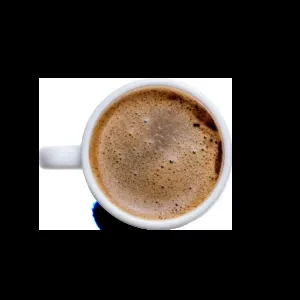 White coffee cup with light brown foam on a black background.