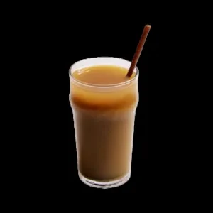Layered iced coffee in a glass tumbler with a straw on black.