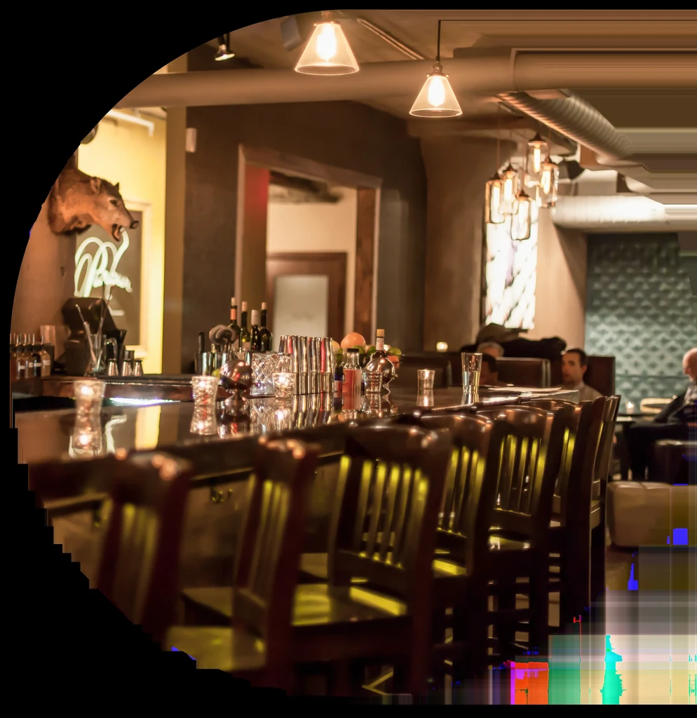 Cozy, dimly lit bar with reflective counter, bottles, and seated patrons.
