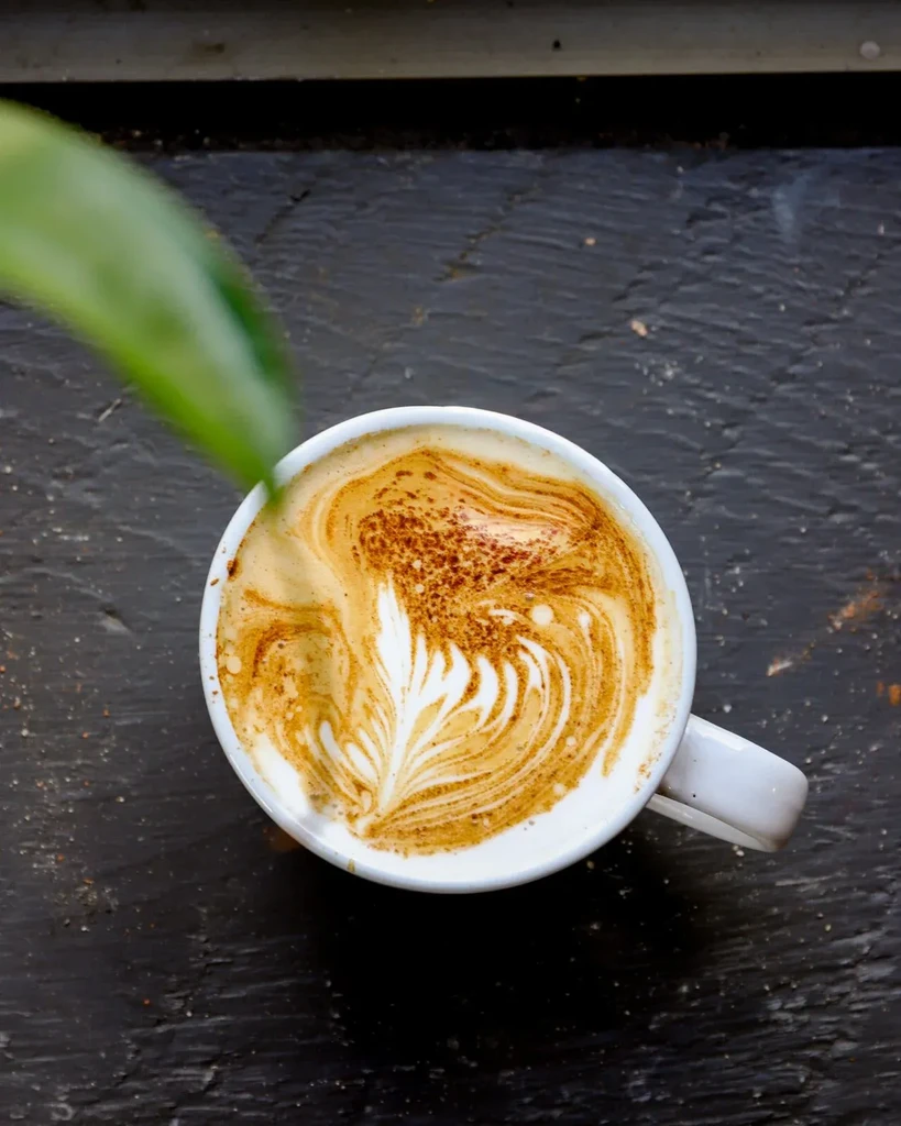Close-up latte with delicate leaf art in white mug; green leaf.