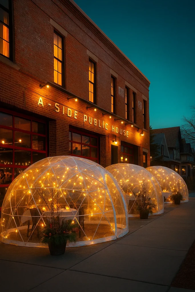Exterior of A-SIDE PUBLIC HOUSE with three glowing dining igloos at night.