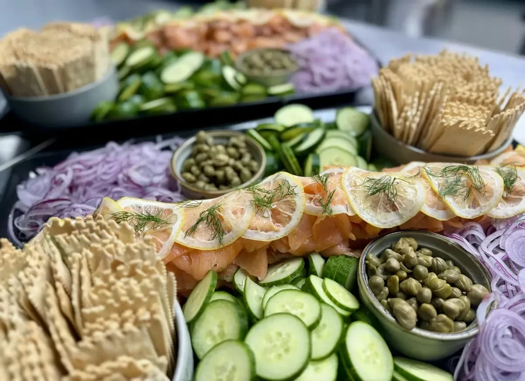 Smoked salmon platter with capers, cucumber, onions, and crackers.