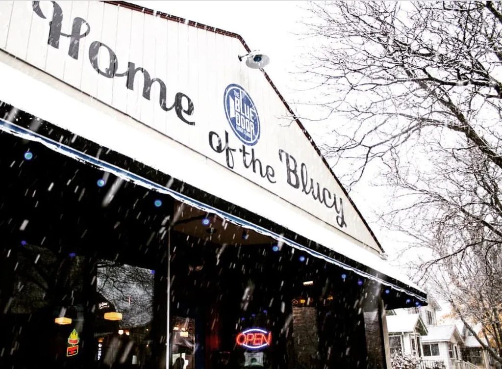 Snowy Blue Door Bar & Grill, Home of the Bluey.