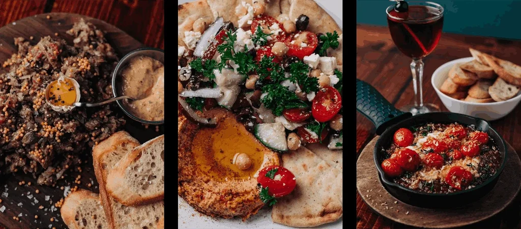 Triptych: rustic meat, Mediterranean platter, and cocktail with baked dish.