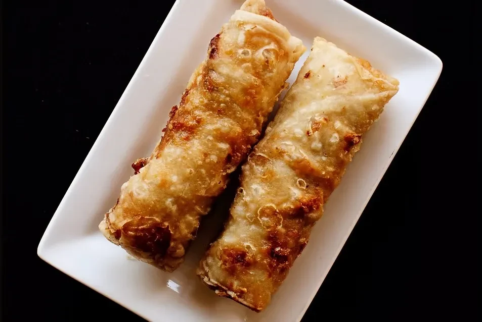Two golden-brown crispy fried rolls on white plate, black background.